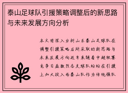 泰山足球队引援策略调整后的新思路与未来发展方向分析