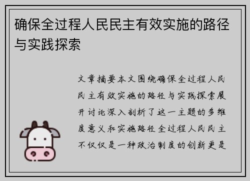 确保全过程人民民主有效实施的路径与实践探索
