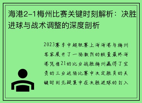 海港2-1梅州比赛关键时刻解析：决胜进球与战术调整的深度剖析