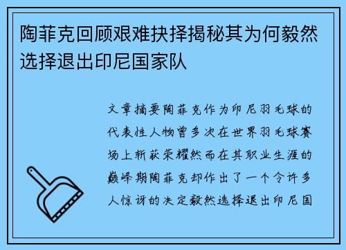 陶菲克回顾艰难抉择揭秘其为何毅然选择退出印尼国家队